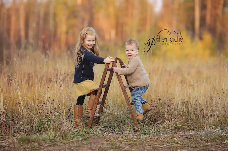 May include: Two children, a girl and a boy, are playing on a wooden ladder in a field of tall grass. The girl is wearing a blue sweater and a yellow skirt, while the boy is wearing a brown sweater and blue jeans. The ladder is made of wood and has two steps. The children are smiling and having fun.