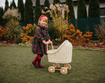 Wicker Doll Stroller: Newborn Photo Prop, Nursery Toy on Wheels