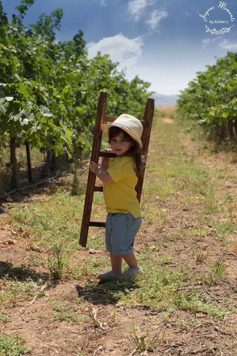 May include: A young child wearing a yellow shirt, blue shorts, and a white hat holds a wooden ladder in a vineyard.