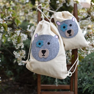 Teddy Bear Kids Gym Sack: Cotton String Backpack with Felt Patch