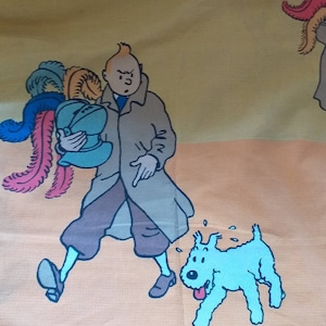 May include: Cartoon illustration featuring a character in a tan coat and brown trousers, carrying a helmet adorned with colourful feathers. A light blue dog runs nearby. The background is orange and yellow.
