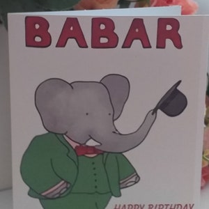 Babar-wenskaart of gelukkige verjaardagskaart met blanco binnenkant van mijn eigen ontwerp met mooie vintage Babar-afbeeldingen - 11,5 x 14 cm met envelop xx