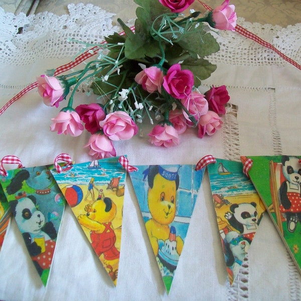 Sooty and Sweep handmade Wooden Bunting / garland vintage style 1950/60s pictures Sooty & Sweep Soft Beany Toys and fabulous greetings card