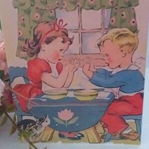Cartões de felicitações ou notelets cartões em branco de meus próprios designs de imagens fabulosas da década de 1930 - cena de praia e crianças kitsch 11,5 x 14 cms