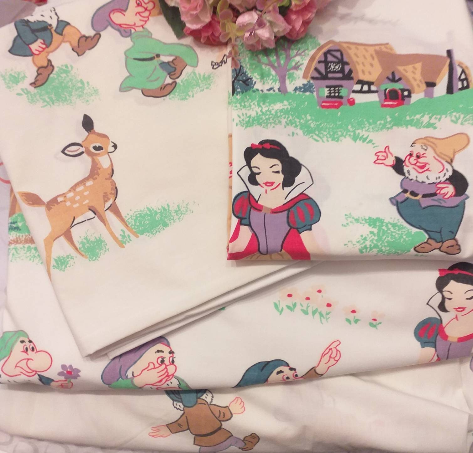Snow White 7 Dwarfes and Bambi 1967 Vintage Disney Fabric Bedding Set Gorgeous Pillow Cases Fitted and Flat Sheets in Wonderful Condition Etsy Canada