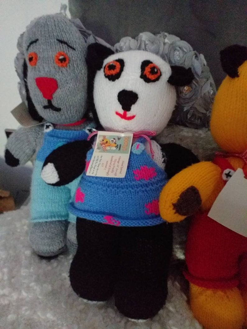 Sooty, Sweep & Soo toys Vintage knitted toys Sooty and Sweep and Soo bunting all having fun Sooty and Sweep unused 1970s vintage fabric xx Soo knitted toy