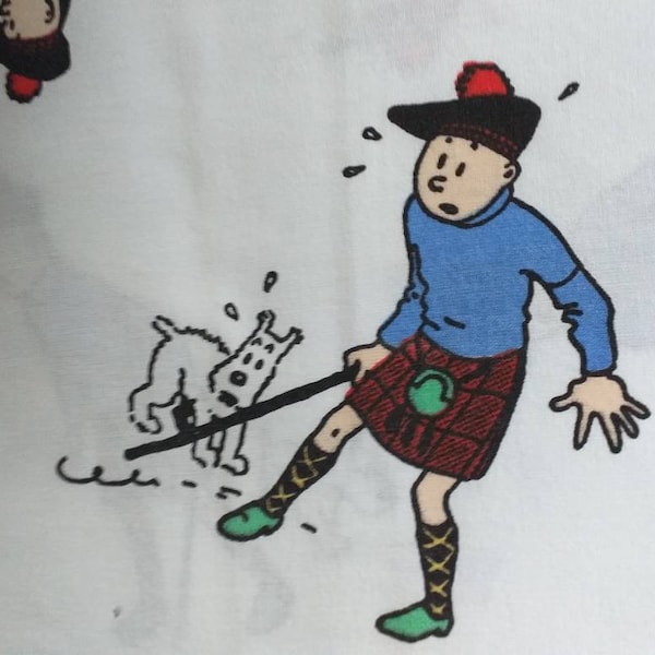 TinTin Fabrics Vintage Hergè 1991 Baumwollstoff TinTin und Snowy – In Amerika und der Black Island & mehr wiedergewonnener Stoff – guter Zustand