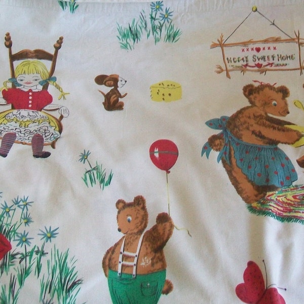 Goldilocks Fabric 1940s vintage fabric by Everglaze. Berners Goldilocks Vat dyes by Everglaze Lovely cotton nursery fabric - bears and cats