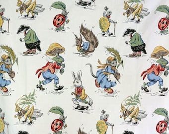Wind in The Willows 1960s fabric vintage Sanderson cotton fabric Hippity Hoppity on a white background and 1980s gorgeous pastel fabric too