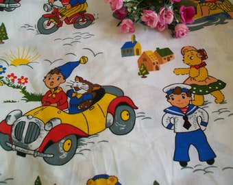 Noddy Fabric Vintage Noddy in Toy Land & Friends Fothergays Fabric Good quality cotton 1970&#39;s Vintage fabric - Big Ears, cats cars and more