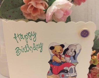 Sooty & Sweep Greetings Cards - birthday or blank handmade cards with original 1957 Ariel collectable picture playing cards 5 x 5 &quot;