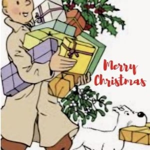 Könnte beinhalten: Cartoon-Illustration eines Charakters, der verpackte Geschenke und Stechpalmen trägt. Ein weißer Hund geht daneben und trägt ebenfalls ein Geschenk. Der Text "Merry Christmas" ist rot geschrieben.
