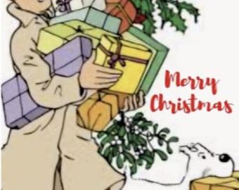 TinTin Christmas card (seconds) with TinTin and Snowy - gorgeous cards 10.5 x 14.8 cms with envelope & cello bag, responsibly sourced paper