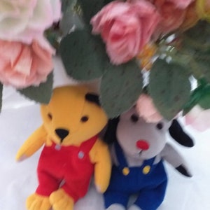 Sooty, Sweep & Soo toys Vintage knitted toys Sooty and Sweep and Soo bunting all having fun Sooty and Sweep unused 1970s vintage fabric xx Sooty & sweep beany