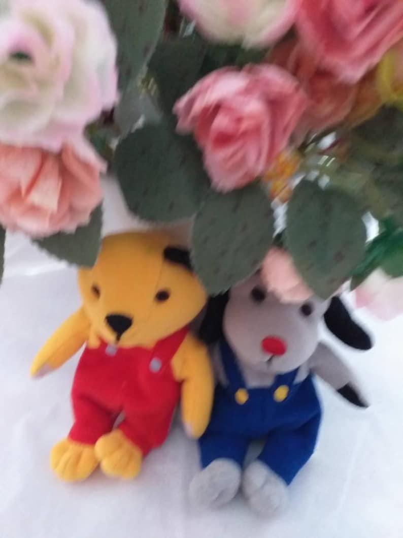 Sooty, Sweep & Soo toys Vintage knitted toys Sooty and Sweep and Soo bunting all having fun Sooty and Sweep unused 1970s vintage fabric xx Sooty & sweep beany