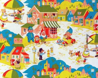 Noddy Fabric Vintage Noddy in Toy Land & Friends Fabric Good quality cotton 1970&#39;s Coloroll Vintage fabric Sold in 50 x 50 cms