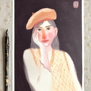 Kunst met Parisienne, Française, schilderij, vrouw met baret, Cadeau voor vrouw, betaalbaar cadeau, kunstdruk, klein schilderij
