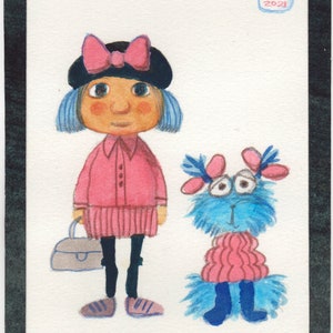 Ritratto ragazza e cane, illustrazione per bambini, unico nel suo genere, arredamento della parete domestica, pittura acrilica, opera d'arte originale, idea regalo, pittura