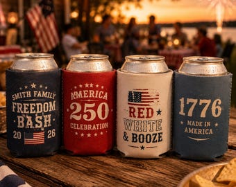 Personalized America 250 Koozies | Custom 4th of July Party Favors | Patriotic BBQ Can Coolers