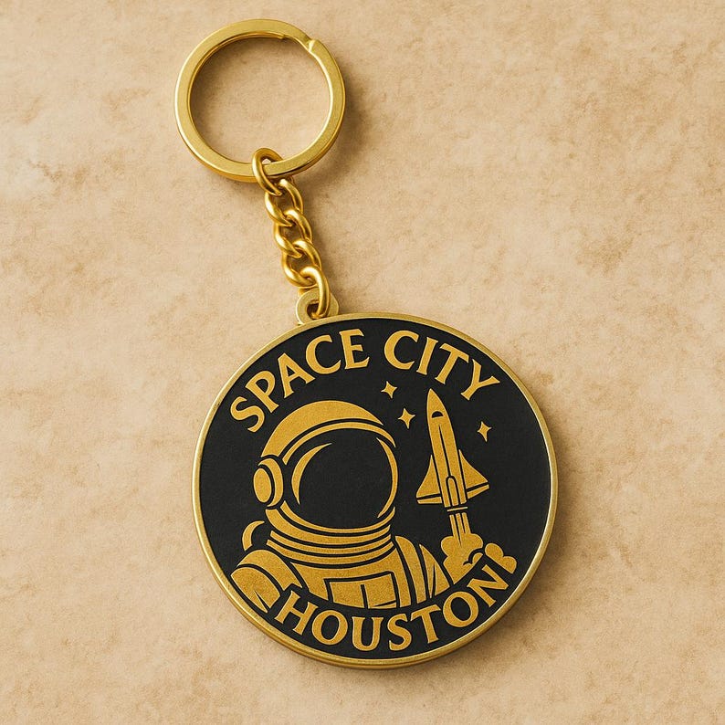 K&ouml;nnte beinhalten: Ein runder Schl&uuml;sselanh&auml;nger in Gold und Schwarz mit einer Grafik eines Astronauten und einer Raumf&auml;hre. Der Text "SPACE CITY HOUSTON" ist in goldener Schrift am oberen und unteren Rand des schwarzen runden Anh&auml;ngers an einem Goldring.