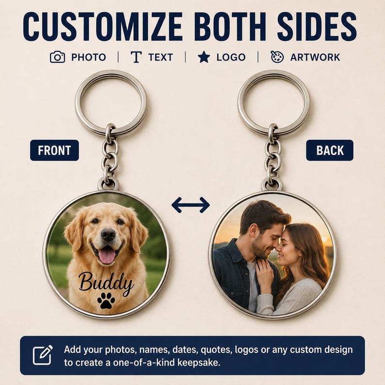 K&ouml;nnte beinhalten: Zwei runde Metallschl&uuml;sselanh&auml;nger mit silbernen Ringen und Ketten. Die Vorderseite zeigt einen Golden Retriever mit dem Namen Buddy und einer Pfote. Die R&uuml;ckseite zeigt ein Paar. Text: CUSTOMIZE BOTH SIDES und Add your photos, names, dates.