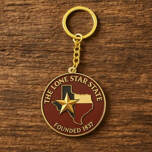 K&ouml;nnte beinhalten: Ein runder Schl&uuml;sselanh&auml;nger aus goldfarbenem Metall mit dunkelrotem Emaillehintergrund. In der Mitte ist eine Karte von Texas mit einem markanten goldenen Stern abgebildet. Der Text THE LONE STAR STATE und FOUNDED 1837 steht in Gold.