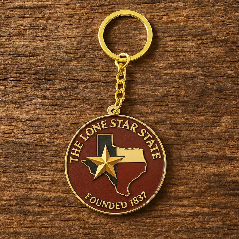 K&ouml;nnte beinhalten: Ein runder Schl&uuml;sselanh&auml;nger aus goldfarbenem Metall mit dunkelrotem Emaillehintergrund. In der Mitte ist eine Karte von Texas mit einem markanten goldenen Stern abgebildet. Der Text THE LONE STAR STATE und FOUNDED 1837 steht in Gold.