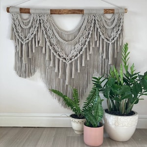 Macrame Wall Hanging with Tassels, Gray beige macrame wall tapestry, hanging wall decor, modern home decor, over bed decor, boho backdrop