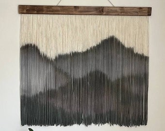 hand-dyed tapestry, Dip dye fiber art, Living room decor, Macrame Wall Hanging large, wall hangings, Dyed Macrame, Wall decor with mountains