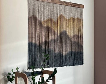 hand-dyed tapestry, Dip dye fiber art, Living room decor, Macrame Wall Hanging large, wall hangings, Dyed Macrame, Wall decor with mountains