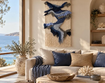 Textile Wall Hanging – Contemporary Fiber Art Tapestry for Coastal Interior, Woven Tapestry Wall Hanging, Weaving Art