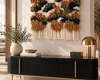 Handwoven Wool Tapestry Wall Hanging, Textured Boho Art, Earthy Green Mustard Decor