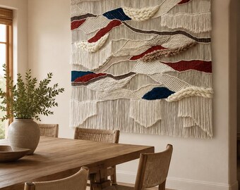 Large Woven Fiber Art Wall Hanging | Modern Handwoven Tapestry | Textile Wall Art in Ivory, Rust & Deep Blue | Extra Large Macrame Decor