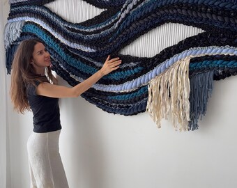 100x44 in - Etra Large Woven Tapestry in Black, Navy, and Blue colors, Fiber Wall Art, Over King Size Bed Art, Bedroom Wall Hanging