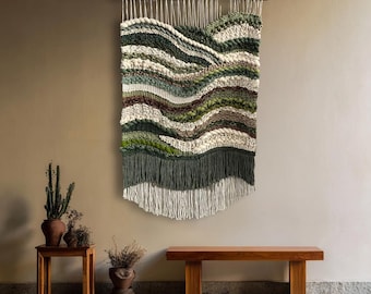 Handwoven Wall Hanging, Textile Art, Green Tapestry, Boho Fiber Art, Large Woven Wall Decor, Modern Boho, Entryway art, Macrame Wall Hanging