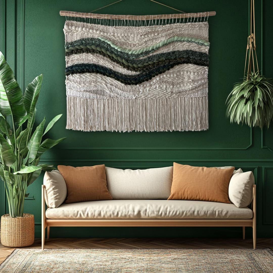 Green Woven Wall Hanging: Textured Fiber Art Tapestry With Fringe - Etsy