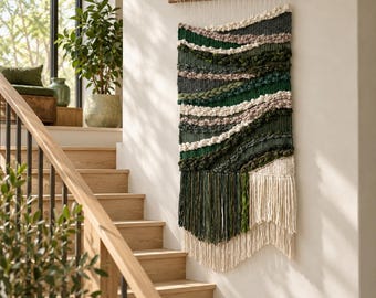 Handwoven Long Green Tapestry: Boho Fiber Art Wall Hanging, Green Wall Hanging, Entryway Wall Art