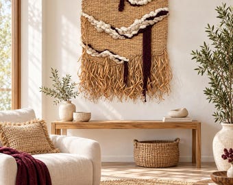Raffia & Jute Wall Hanging with Wool and Cotton, Boho Textile Art, 29.1 × 39.4 In