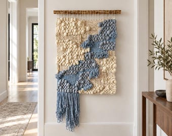 Handwoven Wool Wall Hanging | Blue Tapestry, Weaving Wall Art, Hanging Woven Tapestry