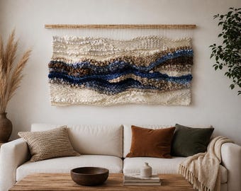 Woven Wall Hanging in Earthy Blues and Neutrals, Fiber Wall Art, Weaving Wall Decor, Modern Tapestry