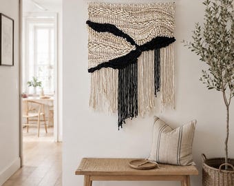 Ivory and Black Woven Wall Hanging: Textured Fiber Art, Minimalistic Wall Decor, Japandi Wall Accent