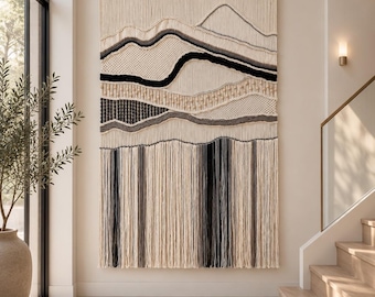 Extra Large Cotton Wool Macrame Wall Hanging, Modern Tapestry (57x90.5 in), Ivory Black and Grey Wall Decor