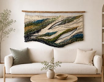 Coastal Handwoven Tapestry, Ocean-Inspired Fiber Art, Mixed Media Wall Hanging, Weaving Sculpture, Textile Wall Art