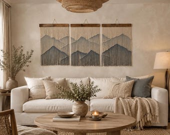 Three Wall Hangings with Mountains, Living room decor, Dip dye wall hanging, Large Macrame Wall Hanging, Modern Rope Art