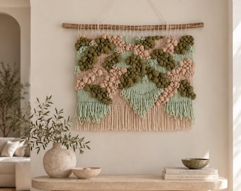 Wool Wall Hanging in Beige and Green tones | Fiber Tapestry