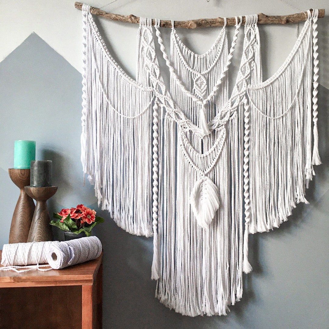 White Large Macrame Backdrop, Macrame Wall Hanging With Tassels