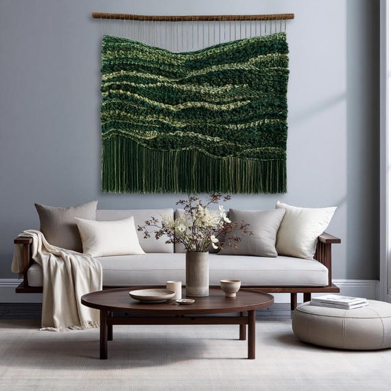 Handgewebter grüner Wandteppich | Strukturierte Boho Faser Kunst, Natur inspiriert Textile Wandbehang