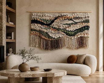 Textured Woven Tapestry, Green and Earth Tones Fiber Art, Modern Textile Tapestry, Rustic Home Decor, Wool Wall Art, Large Wall Hanging