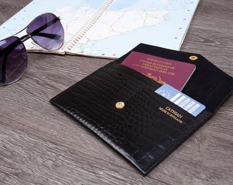 Croc Print Leather Passport Holder: Envelope Travel Wallet