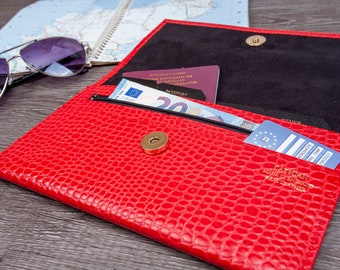 Croc Print Leather Travel Organizer: Handmade Document Wallet